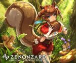  1girl acorn_hair_ornament animal_ears belt blue_eyes day forest leaf muraicchi_(momocchi) mushroom nature nut_(food) outdoors smile solo squirrel squirrel_girl standing sunlight tail thighhighs twintails zenonzard 