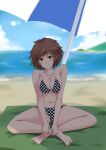  1girl absurdres ankle_grab beach beach_towel beach_umbrella bikini blue_sky breasts brown_eyes brown_hair checkered_bikini checkered_clothes cleavage cloud commentary_request commission green_towel highres indian_style isosceles_triangle_(xyzxyzxyz) large_breasts looking_at_viewer medium_hair navel ocean original sand sitting sky solo swimsuit towel umbrella v_arms water 