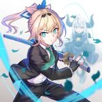  bangs blonde_hair bodyguard demon_girl demon_horns formal freeze-ex hololive horns kazama_iroha la+_darknesss long_hair looking_at_viewer multicolored_hair multiple_girls necktie ponytail purple_hair streaked_hair suit sword very_long_hair virtual_youtuber weapon 