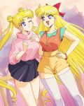  2girls absurdres aino_minako arm_around_neck bishoujo_senshi_sailor_moon bow bracelet breasts danmakuman double_bun earrings hair_bow hair_bun hand_on_hip high-waist_shorts highres jewelry long_hair medium_breasts miniskirt multiple_girls necklace one_eye_closed open_mouth pendant short_shorts shorts skirt smile stud_earrings sweater thighhighs tree tsukino_usagi turtleneck turtleneck_sweater twintails venus_symbol very_long_hair 