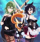  2girls absurdres animal_ears bangs black_hair black_thighhighs blue_eyes blush breasts brown_pantyhose byleth_(fire_emblem) byleth_(fire_emblem)_(female) choker cleavage closed_mouth commentary_request commission crossed_swords crossover detached_sleeves dirndl ear_scrunchie eishin_flash_(umamusume) fire_emblem fire_emblem:_three_houses floral_print frills garreg_mach_monastery_uniform german_clothes green_hair greninja highres holding holding_sword holding_weapon horse_ears horse_girl horse_tail medium_breasts multiple_girls navel open_mouth pantyhose patterned_legwear pokemon pokemon_(creature) red_choker sample_watermark scrunchie sephikowa short_hair smile super_smash_bros. sword sword_of_the_creator tail thighhighs umamusume vambraces weapon 