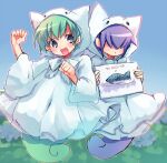  1boy 1girl aqua_hair bangs blue_eyes blue_hair blue_sky bow ghost ghost_tail green_hair hair_over_eyes looking_at_viewer open_mouth outdoors purple_hair puyopuyo puyopuyo_fever rei-kun shawl sky smile tree white_bow xox_xxxxxx yu-chan 