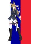  1girl absurdres arm_behind_back arm_behind_head ass_visible_through_thighs bike_shorts bird_tail black_footwear blonde_hair blue_eyes boots breast_pocket breasts french_flag head_wings highres isosceles_triangle_(xyzxyzxyz) knee_boots large_breasts necktie original panties pocket saber_(weapon) scabbard sheath shirt skindentation solo strike_witches_1991 striped_necktie sword tail thighhighs underwear uniform weapon white_panties white_shirt white_thighhighs world_witches_series 