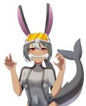  absurdres animal_ears bodysuit commission commissioner_upload fish_tail goggles goggles_on_head highres indie_virtual_youtuber multicolored_hair non-web_source original rabbit_ears shark_tail sharkabbit sharp_teeth tail tan teeth two-tone_hair 