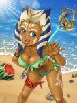  1girl ahsoka_tano b1_battle_droid beach bikini blue_eyes breasts droid energy_sword food fruit fuji_shuuji green_bikini highres lightsaber marine_day ocean open_mouth sand star_wars star_wars:_the_clone_wars swimsuit sword togruta water watermelon weapon 