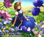  1girl bangs blue_dress blue_sky blunt_bangs bow brown_eyes brown_hair company_name copyright_name day dress field flower full_body head_wreath leaf muraicchi_(momocchi) outdoors pointy_ears red_footwear short_hair short_sleeves sitting sky watermark zenonzard 