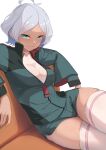  1girl ahoge akino_komichi aqua_eyes arm_rest asticassia_school_uniform bangs breasts bright_pupils commentary_request couch cowboy_shot dark-skinned_female dark_skin fingernails green_jacket green_shorts grey_hair gundam gundam_suisei_no_majo halter_shirt halterneck high_collar highres jacket large_breasts layered_sleeves long_sleeves looking_at_viewer on_couch parted_bangs parted_lips partially_unzipped school_uniform secelia_dote shirt short_hair short_shorts shorts side_slit side_slit_shorts simple_background sitting skindentation smile solo thigh_gap thighhighs thighs white_background white_pupils white_shirt white_thighhighs wide_sleeves zipper_pull_tab 
