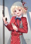  1girl blonde_hair blue_ribbon blush collared_shirt commentary gun handgun highres holding holding_gun holding_weapon long_sleeves lycoris_recoil lycoris_uniform neck_ribbon nishikigi_chisato open_mouth red_eyes ribbon shirt short_hair signature skyrail smile solo teeth two-tone_dress upper_body upper_teeth weapon white_shirt 