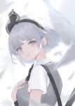  1girl absurdres back bangs bird black_bow black_bowtie bow bowtie breasts collared_shirt colored_skin feathers flying from_behind grey_eyes grey_hair grey_hairband grey_ribbon grey_skin grey_vest hairband hand_on_own_chest hand_up highres katana konpaku_youmu kurowa_(curowa) looking_back looking_to_the_side medium_breasts open_mouth ribbon shirt short_hair short_sleeves simple_background solo sword touhou upper_body vest weapon white_background white_shirt wings wristband 