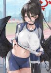  1girl bike_shorts black_choker black_hair black_nails black_wings blue_archive blush breasts choker closed_eyes clothes_lift dema_hmw embarrassed field flying_sweatdrops halo hasumi_(blue_archive) hasumi_(gym_uniform)_(blue_archive) highres jacket large_breasts long_hair mole mole_under_eye navel official_alternate_costume open_mouth outdoors pinching ponytail shirt shirt_lift solo stomach sweatdrop tears track_and_field track_jacket very_long_hair wavy_mouth wings 