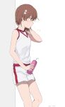  1girl absurdres against_wall bottle breasts breath brown_eyes brown_hair commentary_request drinking_straw flower gym_shirt gym_shorts gym_uniform hair_flower hair_ornament hand_on_own_neck highres holding holding_bottle medium_hair misaka_mikoto profile shirt shorts simple_background small_breasts solo sparkle sweat takatisakana toaru_kagaku_no_railgun toaru_majutsu_no_index water_bottle white_background 