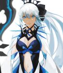  1girl black_bow blue_eyes bow breasts capelet character_request cleavage cleavage_cutout clothing_cutout fate/grand_order fate_(series) hair_bow hair_ornament halterneck highres lips long_hair looking_at_viewer moedredd navel ponytail solo stomach_cutout white_hair 