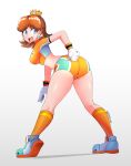  1girl absurdres ass bent_over blue_eyes breasts brown_hair crop_top crown earrings flower_earrings full_body gloves highres impossible_clothes impossible_shirt jarckius jewelry kneehighs mario_(series) medium_breasts midriff open_mouth princess_daisy shirt smile soccer_uniform socks solo sportswear super_mario_land super_mario_strikers twitter_username white_gloves 