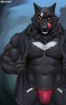  anthro belwulf bulge canid canine canis clothed clothing hi_res jacket jockstrap licking licking_lips looking_at_viewer male mammal muscle_vein muscular nipples open_clothing open_jacket open_topwear orange_eyes red_clothing red_jockstrap red_underwear sleeveless_jacket solo tongue tongue_out topwear underwear wolf 