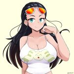  1girl breasts cleavage eyewear_on_head forehead hair_pulled_back highres huge_breasts jarckius nico_robin one_piece smile solo sunglasses tank_top twitter_username upper_body white_tank_top 