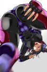  1girl artist_name ass ass_focus ass_grab black_hair breasts covered_nipples eyepatch eyepatch_removed fingerless_gloves fingernails from_below gloves glowing glowing_eye grabbing_own_ass han_juri heterochromia highres koda1ra latex motion_blur purple_eyes simple_background smile solo street_fighter teeth thighhighs tongue tongue_out twitter_username upper_teeth white_background 