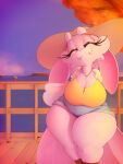  absurd_res anthro big_breasts bottomwear breasts chiropteran cleavage clothed clothing cutoffs daisy_dukes denim denim_clothing eyelashes eyes_closed female fur hi_res horizon hotpants mammal pink_body pink_fur shorts solo thick_thighs twistedlilheart water 