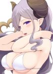  1girl :d absurdres armpit_crease arms_up bangs bare_arms bare_shoulders bikini blush breasts cleavage grey_hair highres honey_strap horns large_breasts long_hair open_mouth pointy_ears purple_eyes simple_background smile solo sougetsu_eli swimsuit temari_rin upper_body very_long_hair virtual_youtuber white_background white_bikini 