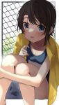  1girl bangs barefoot black_hair blue_eyes blush border fence hololive hugging_own_legs looking_at_viewer on_ground oozora_subaru open_mouth out_of_frame outside_border school_swimsuit short_hair sitting solo swept_bangs swimsuit towel tsushi virtual_youtuber white_border 