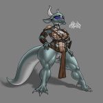  absurd_res anthro armor big_tail breasts claws clitoris clothed clothing digital_drawing_(artwork) digital_media_(artwork) eyebrows eyelashes female genitals green_body green_skin grey_body grey_skin hand_on_butt hand_on_leg hi_res horn huge_tail kobold long_ears long_horn long_tail looking_at_viewer multicolored_body multicolored_skin muscular muscular_female partially_clothed pink_pussy purple_sclera pussy rashchaos scalie shadow sharp_claws signature smile smiling_at_viewer standing thick_tail thick_thighs toe_claws white_body white_skin wide_hips 