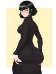  absurdres ass blush breasts dress fraankyy from_behind fubuki_(one-punch_man) green_eyes green_hair hand_on_own_ass highres huge_ass looking_at_viewer looking_back nail_polish one-punch_man short_hair shy smile standing thick_thighs thighs tight tight_dress 