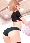  1girl arched_back ass black_buruma black_shirt blurry blurry_background blush breasts brown_eyes brown_hair buruma ceiling commentary_request crop_top girls_und_panzer gym highres holding holding_pom_poms looking_at_viewer looking_back medium_breasts nakamura_yukitoshi nishizumi_miho open_mouth pom_pom_(cheerleading) shirt short_sleeves smile solo standing thighhighs thighs underboob 