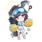  1girl ? animal_ears b.t._(boob_tong) bangs bare_shoulders black_hair blue_archive blush breasts cheerleader chibi dog_ears dog_girl dog_tail goggles goggles_on_head hair_ornament halo hibiki_(blue_archive) hibiki_(cheerleader)_(blue_archive) highres holding holding_pom_poms looking_at_viewer midriff miniskirt navel nose_blush official_alternate_costume open_mouth pleated_skirt pom_pom_(cheerleading) ponytail shirt shoes simple_background skirt sleeveless sneakers solo spoken_question_mark standing star_(symbol) star_hair_ornament sticker_on_face sweat tail white_skirt yellow_halo 