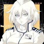  1girl bangs breasts greyscale_with_colored_background hair_between_eyes hat looking_at_viewer military military_uniform mole mole_under_eye p_baby_blue parted_lips portrait reggie_mackenzie school_uniform short_hair smile solo uniform yu-gi-oh! yu-gi-oh!_gx 