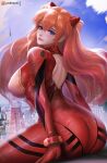  1girl arched_back ass bangs bare_back blue_eyes blue_sky bodysuit breasts closed_mouth day from_behind highres long_hair looking_at_viewer looking_back neon_genesis_evangelion patreon_logo patreon_username red_bodysuit red_hair sitting sky souryuu_asuka_langley thighs transmission_tower turewindwalker 
