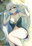  1girl arms_up aties20 babydoll bangs bare_arms bare_shoulders blue_eyes blush breasts cleavage closed_mouth collarbone commentary_request feet_out_of_frame grey_hair hair_between_eyes kizuna_akari long_hair looking_at_viewer medium_breasts navel solo star_(symbol) star_print underwear underwear_only very_long_hair voiceroid 