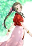  1girl aerith_gainsborough bangle bangs bracelet braid braided_ponytail breasts brown_hair cowboy_shot cropped_jacket dress facing_away final_fantasy final_fantasy_vii final_fantasy_vii_remake green_eyes hair_ribbon highres jacket jewelry light_brown_hair long_dress long_hair looking_at_viewer looking_back medium_breasts nalu open_mouth outdoors parted_bangs pink_dress pink_ribbon puffy_short_sleeves puffy_sleeves red_jacket ribbon short_sleeves sidelocks smile solo twitter_username wavy_hair 