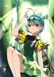  1girl antennae aqua_hair blush budou_zerii_98yen butterfly_wings closed_mouth dew_drop dress eternity_larva fairy feet_out_of_frame green_dress green_eyes hair_between_eyes highres leaf leaf_on_head multicolored_clothes multicolored_dress short_hair short_sleeves smile solo touhou water_drop wings 
