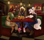  2022 5_fingers alcohol anthro arctic_fox bar beer beverage black_nose blonde_hair bloodhound_(grimmeadow) blue_eyes boots bottomwear breasts brown_body brown_fur brown_hair canid canine canis cinnameana cleavage clenched_teeth clock clothed clothing death_glare denim denim_clothing digital_media_(artwork) domestic_dog dora_schutzhund female fingers footwear fox fur german_shepherd group hair herding_dog humanoid_hands inner_ear_fluff inside jeans looking_at_another mammal murmur_(slanda) pants pastoral_dog ponytail red_eyes shirt shoes sitting sneakers stare staring_contest stopwatch t-shirt tank_top teeth topwear trio tuft watch white_body white_fur white_hair 