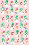  1girl bangs bob_cut candy colored_skin commentary cream cup dessert drinking_glass food from_side full_body gardevoir green_hair green_skin hair_over_one_eye heart ice_cream ice_cream_cone multicolored_skin multiple_views one_eye_covered parfait pink_background pixel_art pokemon pokemon_(creature) red_eyes shiny shiny_hair short_hair simple_background standing ticaro two-tone_skin wafer_stick waffle_cone white_skin 
