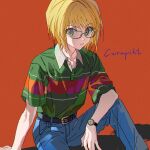  1boy alternate_costume androgynous bangs bespectacled blonde_hair brown_eyes casual collared_shirt denim glasses hunter_x_hunter jeans kurapika long_sleeves looking_at_viewer lunar_(lunar_815) male_focus pants shirt short_hair solo wristband 