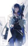  1girl black_gloves black_pants black_shirt blue_eyes blue_hair copyright_name day frown gloves hand_up hatutaro jacket map outdoors pants pixiv_fantasia pixiv_fantasia_mountain_of_heaven shirt short_hair solo standing weesia_(mountain_of_heaven) white_jacket 