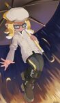  1girl 2019 belt black_footwear blonde_hair blue_eyes boots closed_mouth dark_skin floating frown glasses hat highres holding holding_umbrella long_sleeves miamelly octoling octoling_girl solo splatoon_(series) sweater tentacle_hair umbrella 