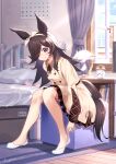  1girl adjusting_sock alarm_clock animal_ears bangs bed bed_frame bedroom black_hair blue_carpet bookshelf bow breasts brown_dress calendar_(object) clock collared_dress commentary_request cross-laced_sleeves desk_lamp dress hair_over_one_eye hairband hamanashi_(trapiorra) highres horse_ears horse_girl horse_tail indoors lamp long_hair long_sleeves open_window pillow purple_eyes rice_shower_(umamusume) signature sitting small_breasts smile socks solo swept_bangs tail two-tone_dress umamusume white_bow white_dress white_hairband white_socks window wooden_floor 