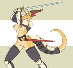  anthro areola blush chorsinnell39 dragon female genitals hi_res holding_object holding_sword holding_weapon melee_weapon nipples pussy solo sword thick_thighs weapon 