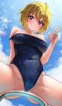  1girl ahoge bare_shoulders blonde_hair blue_one-piece_swimsuit blue_sky breasts c_(theta) cloud commentary_request covered_navel crotch from_below grin highres ibuki_tsubasa idolmaster idolmaster_million_live! large_breasts looking_at_viewer looking_down off_shoulder one-piece_swimsuit pink_eyes school_swimsuit short_hair skindentation sky smile solo spread_legs swimsuit thighs v wet 