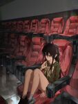  1girl :/ absurdres ahoge bare_legs black_footwear black_hair bow bowtie brown_eyes buttons closed_mouth commentary double-breasted green_shirt grey_socks hair_between_eyes hand_up highres long_hair looking_afar movie_theater on_chair shakugan_no_shana shana shirt shoes sidelocks sitting socks solo very_long_hair yellow_bow yellow_bowtie zadun 