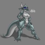  abs absurd_res anthro big_tail breasts claws clitoris digital_drawing_(artwork) digital_media_(artwork) eyebrows eyelashes female genitals green_body green_skin grey_body grey_skin hand_on_butt hand_on_leg hi_res horn huge_tail kobold long_ears long_horn long_tail looking_at_viewer multicolored_body multicolored_skin muscular muscular_female nude pink_pussy purple_sclera pussy rashchaos scalie shadow sharp_claws signature smile smiling_at_viewer standing thick_tail thick_thighs toe_claws white_body white_skin wide_hips 