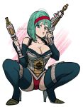  1girl amartbee aqua_hair blue_eyes boots breasts bulma cleavage dragon_ball dragon_ball_z dual_wielding elbow_gloves fingerless_gloves gloves gun hairband half-closed_eyes high_heel_boots high_heels highres holding large_breasts pink_lips red_hairband solo spread_legs squatting thigh_boots vegeta watermark weapon 