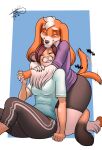 anthro bottomwear brown_body brown_fur brown_hair canid canine canis cheek_tuft clothing domestic_dog duo embrace english_text eyes_closed facial_tuft felid female floppy_ears freckles_(artist) fur grin gym_bottomwear gym_clothing gym_shorts hair half-closed_eyes hi_res hoodie hug kneeling lion male male/female mammal multicolored_body multicolored_fur narrowed_eyes orange_body orange_fur pantherine pecas_(freckles) shirt shorts simple_background sitting_on_ground smile sound_effects sweatpants t-shirt tail_motion tailwag text topwear tuft two_tone_body two_tone_fur white_body white_fur white_hair 