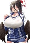  1girl :o absurdres black_choker black_hair blue_archive blue_jacket blush breasts choker collarbone commentary_request hair_between_eyes halo hasumi_(blue_archive) hasumi_(gym_uniform)_(blue_archive) highres jacket large_breasts long_hair long_sleeves looking_at_viewer low_wings mole mole_under_eye namazu_(yamasonson) parted_lips partially_unzipped ponytail red_eyes shirt simple_background solo white_background white_shirt wings 