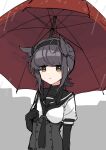  1girl black_bodysuit black_necktie bodysuit brown_eyes brown_hair closed_mouth hair_horns hatsuzuki_(kancolle) highres holding holding_umbrella kantai_collection looking_at_viewer necktie outdoors rain red_umbrella sayuwan school_uniform serafuku short_hair solo umbrella 