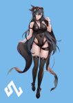  1girl bangs black_eyes black_hair black_thighhighs blue_background breasts cleavage eyebrows_hidden_by_hair hair_between_eyes hair_ribbon highres jewelry large_breasts long_hair looking_at_viewer necklace original ribbon seelean simple_background smile solo swimsuit thighhighs 