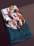  absurd_res bed blonde_hair canid canine cuddling fox furniture hair hi_res male mammal muscular nude white 
