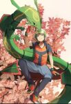  1boy ahna brendan_(pokemon) leaf pokemon pokemon_(creature) pokemon_(game) pokemon_rse rayquaza short_sleeves smile tree 