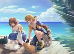  1boy 1girl blonde_hair brown_hair cat detached_sleeves final_fantasy final_fantasy_x gauntlets gloves hakama hakama_skirt japanese_clothes jewelry necklace ocean overalls petting pier sasanomesi short_hair single_gauntlet skirt tidus yuna_(ff10) 